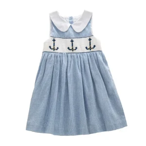 Robe bébé fille espagnole brodée sans manches vêtement d&rsquo;été coton style nautique taille ajustée robe une pièce fille 26 ans