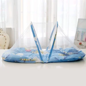 Parure de lit pliable portable pour bébé moustiquaire avec oreillers en coton filet antimoustiques usage intérieur/extérieur design moderne bleu