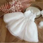 Robe blanche princesse bébé fille mariage baptême anniversaire tissu tulle broderies détails élégants accessoires inclus
