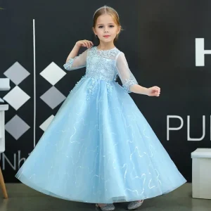 Robe de princesse en dentelle manches longues robe de mariée pour enfants demoiselle d&rsquo;honneur mode enfant floral