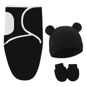 Ensemble d&rsquo;habillement pour nouveauné en coton bonnet moufles et swaddle  Noir