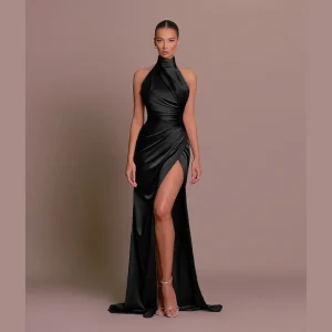 Robe longue de soirée élégante pour femmes tenue de Cocktail Sexy fente haute froncée moulante pour invités de mariage demoiselle d&rsquo;honneur Maxi  Black