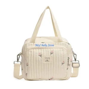 Sac à couches pour bébé brodé en coton floral avec bandoulière ajustable et compartiments multiples