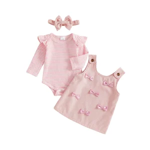 Ensemble printempsautomne nouveauné fille body rayé manches longues robe nœuds bandeau tenue 3 pièces Ensemble printempsautomne nouveauné fille body rayé manches longues robe nœuds bandeau tenue 3 pièces