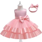 Robe princesse fille nœud satin tulle baptême anniversaire 05 ans rose pastel