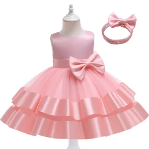 Robe princesse fille nœud satin tulle baptême anniversaire 05 ans rose pastel