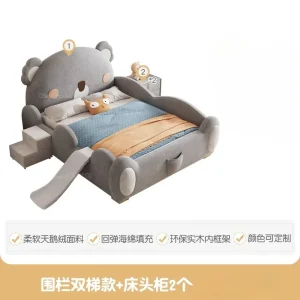 Lit pour enfant avec tête de lit en ours échelle toboggan design moderne et ludique matelas 120x60cm chambre d’enfant sécurisée et confortable Lit pour enfant avec tête de lit en ours échelle toboggan design moderne et ludique matelas 120x60cm chambre d’enfant sécurisée et confortable