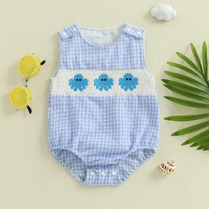 Tenue d’été pour bébé garçon barboteuse sans manches à bulles smockée poulpe/tortue rayée vêtements de body 13 ans confort et style Tenue d’été pour bébé garçon barboteuse sans manches à bulles smockée poulpe/tortue rayée vêtements de body 13 ans confort et style