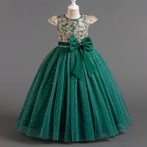 Robe de cérémonie pour enfant fille robe de bal élégante tulle vert émeraude broderies dorées sequins robe de fête mariage anniversaire