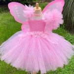 Robe de fée rose pour enfants costume Tutu paillettes ailes détachables accessoire capillaire robe princesse fête d&rsquo;anniversaire Halloween 35 ans