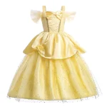 Robe de princesse pour filles costume de fête Halloween Noël Belle et la Bête tulle et satin robe de bal accessoires inclus jaune doré