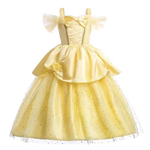 Robe de princesse pour filles costume de fête Halloween Noël Belle et la Bête tulle et satin robe de bal accessoires inclus jaune doré Robe de princesse pour filles costume de fête Halloween Noël Belle et la Bête tulle et satin robe de bal accessoires inclus jaune doré