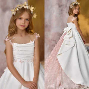 Robe bébé fille fleurs blanches élégante mariage communion anniversaire robe longue tulle ruffles cristal Robe bébé fille fleurs blanches élégante mariage communion anniversaire robe longue tulle ruffles cristal