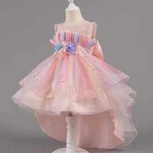 Robe princesse sans manches à fleurs costume fête d&rsquo;anniversaire robe de bal pour enfant fille style européen et américain polyester tulle 46 ans