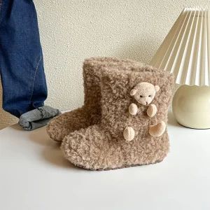 Chaussons d&rsquo;intérieur en peluche pour enfant fille style coréen doux et chaud non glissant couleur brun clair pour 13 ans