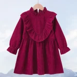 Robe fille en velours bordeaux col à volants manches froncées occasionnels formels style élégant 46 ans qualité premium douce et confortable