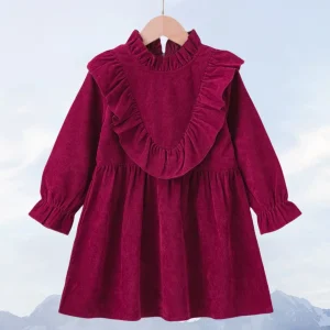 Robe fille en velours bordeaux col à volants manches froncées occasionnels formels style élégant 46 ans qualité premium douce et confortable