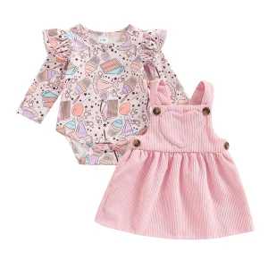 Ensemble robe et jarretelles à manches longues pour bébé fille tenue printempsété vêtements mignons 2 pièces rose clair motifs confiseries Ensemble robe et jarretelles à manches longues pour bébé fille tenue printempsété vêtements mignons 2 pièces rose clair motifs confiseries