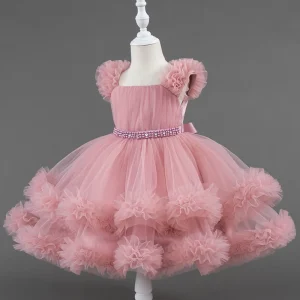 Robe enfant 38 ans occasion spéciale robe princesse rose pastel tulle perles bretelles froncées jupe volumineuse