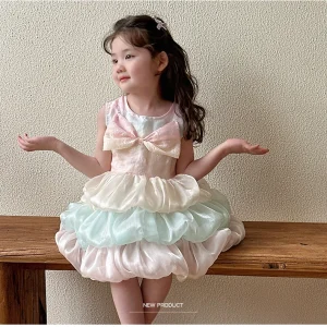 Robe d&rsquo;été bébé fille sans manches fleur en bourgeon nœud en tissu mode mignonne robe de fête anniversaire bal