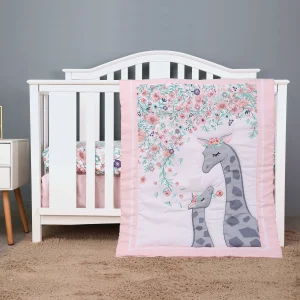 Ensemble de literie bébé 3 pièces drap housse jupe de berceau couette tissu doux respirant motifs girafes fleurs rose clair 01 ans