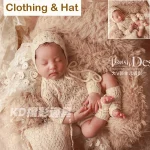 Tenue de photographie Vintage pour nouveauné barboteuse en dentelle tricotée Beige  bonnet  chaussettes ensemble d&rsquo;accessoires Photo pour bébé de Style rétro pour prise de vue du nouveauné
