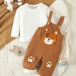 Ensemble salopette ours cartoon  tshirt à manches longues bébé 024 mois vêtements garçon fille automne hiver doux confortables