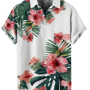 Ensemble assorti pour couple mini robe avec ceinture et chemise à manches courtes imprimé fleurs tropicales vacances hawaïennes tenue décontractée Ensemble assorti pour couple mini robe avec ceinture et chemise à manches courtes imprimé fleurs tropicales vacances hawaïennes tenue décontractée