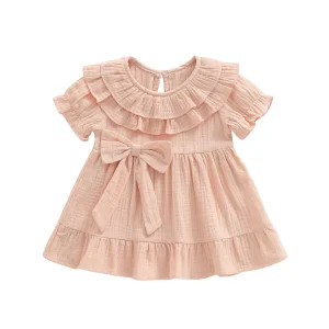Robe d’été pour bébé fille nœud décoratif manches courtes coton léger col rond style élégant confortable polyvalente robe fille bébé fille Robe d’été pour bébé fille nœud décoratif manches courtes coton léger col rond style élégant confortable polyvalente robe fille bébé fille