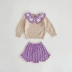 Ensemble Vêtements Bébé Fille Cardigan Manches Longues Short Bouffant Tenue Automne Printemps Couleurs Beige et Violet Matériaux Doux Confortables