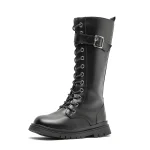 Bottes longues hiver fille mode militaire style robuste antiglissante avec lacets et boucle métallique cuir synthétique noir confortable