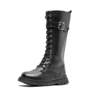 Bottes longues hiver fille mode militaire style robuste antiglissante avec lacets et boucle métallique cuir synthétique noir confortable