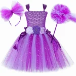 Costume de fée à fleurs violettes à paillettes pour filles robe de princesse Tutu fantaisie en Tulle pour enfants en bas âge déguisement papillon d&rsquo;anniversaire d&rsquo;halloween