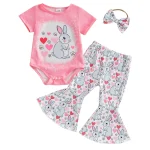 Tenue de Pâques pour bébé fille avec nœud motif lapin barboteuses pantalon évasé 3 pièces 01 ans