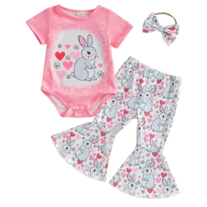 Tenue de Pâques pour bébé fille avec nœud motif lapin barboteuses pantalon évasé 3 pièces 01 ans