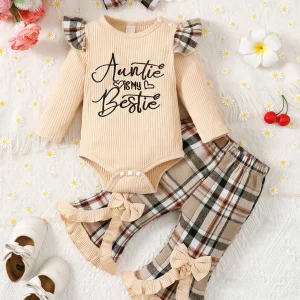 Costume bébé fille slogan Auntie is my Bestie body fronces pantalon évasé volants nœud papillon carreaux coton doux 01 ans