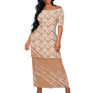 Robe longue femme taupe motif floral geométrique style moderne manches courtes décolleté large été 2023