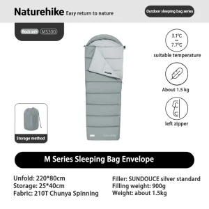 Sac de couchage camping ultraléger étanche Naturehike 3 saisons tissu polyester 210T remplissage SUNDOUCE fermeture éclair gauche sac de rangement inclus gris rock ash
