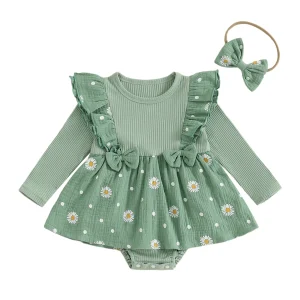 Robe d&rsquo;automne bébé fille imprimé marguerite manches longues volants body intégré bandeau assorti coton doux style mignon 01 an