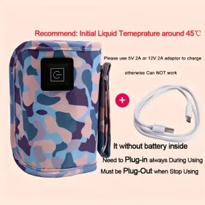 Chauffebiberon USB isolé design camouflage compact voyage bébé sécurité alimentaire batterie externe incluse idéal pour mamans modernes