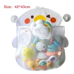 Sac en maille pour rangement jouets bébé design enfantin motifs nuages souriants 42×43 cm blanc pastel tissu polyester filet ventilation anses transport