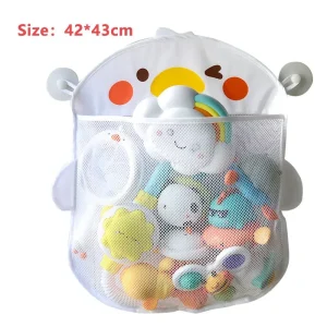 Sac en maille pour rangement jouets bébé design enfantin motifs nuages souriants 42×43 cm blanc pastel tissu polyester filet ventilation anses transport