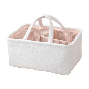 Panier organisation bébé multifonctionnel sac à langer rangement panier de rangement bébé avec compartiment intérieur tissu pelucheux blanc et intérieur rayé rose portable pour maman