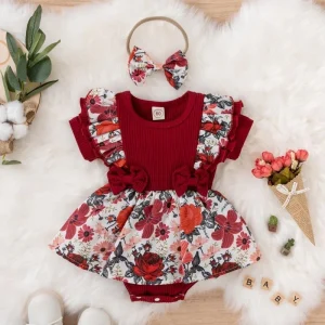 Robe d&rsquo;été bébé fille en coton floral avec volants nœuds et rubans style princesse accessoires inclus