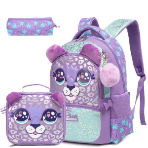 Sac à dos écolière filles SMINSTAR set avec trousse à lunch style animal print polyester rose poudré motifs floraux pompon déco idéal école ou loisirs