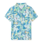 Chemise enfant été floral motif végétal bleu manches courtes respirante tissu doux qualité premium summer casual